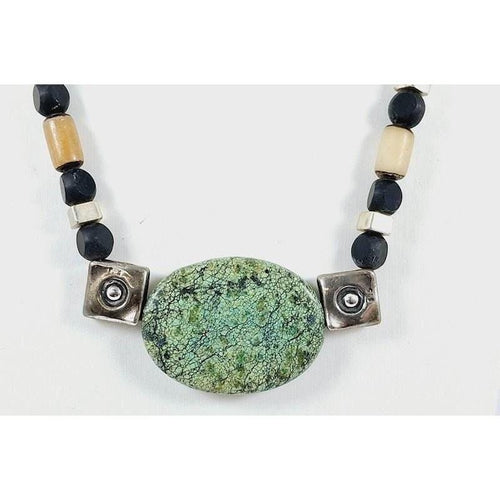 17.5" Sterling Silver/Turquoise Beaded Necklace | Carved Nut & Black Glass Beads | Boho Tribal Style
