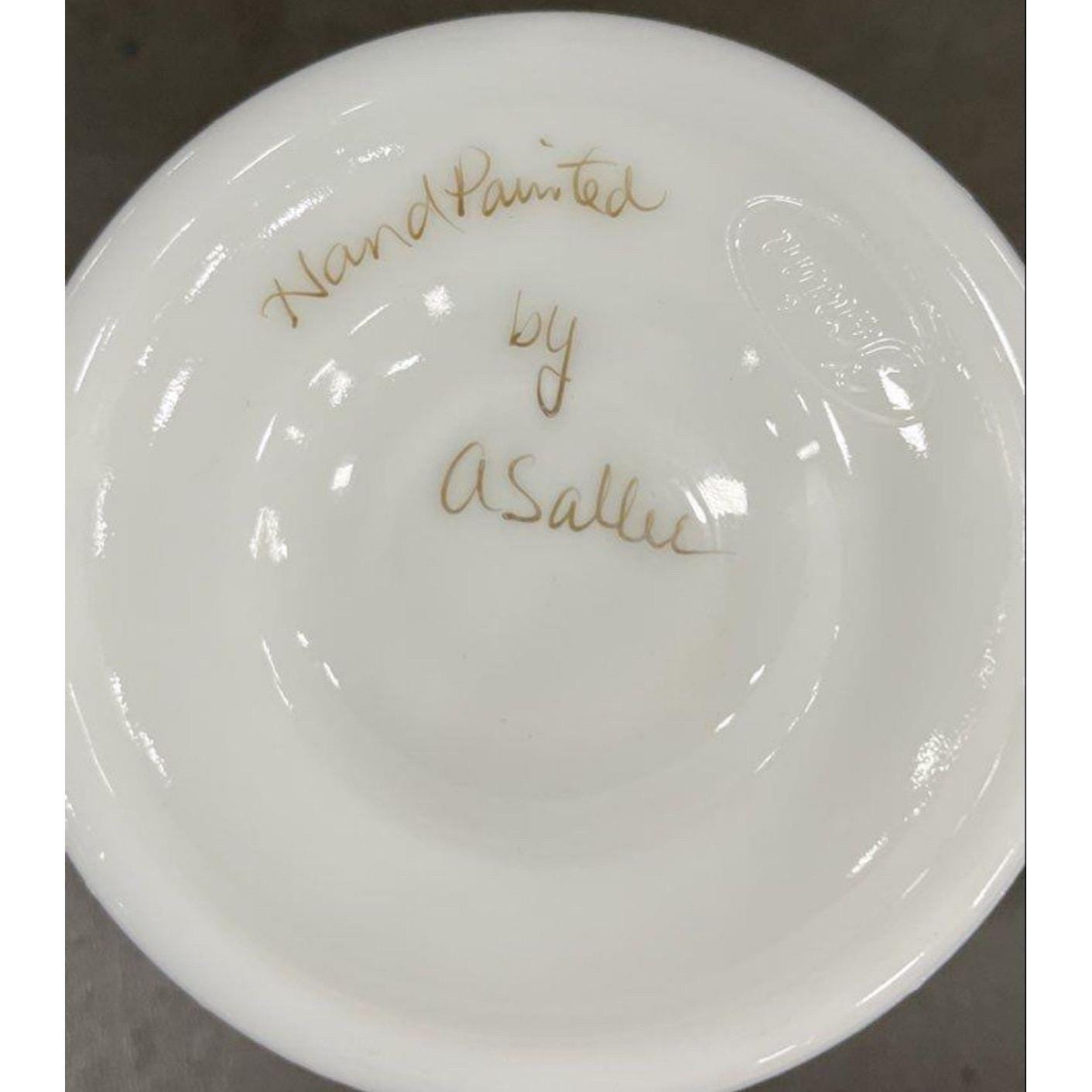 Anchor Hocking Milk Glass Compote Hand Painted Butterfly Signed Artist Vintage