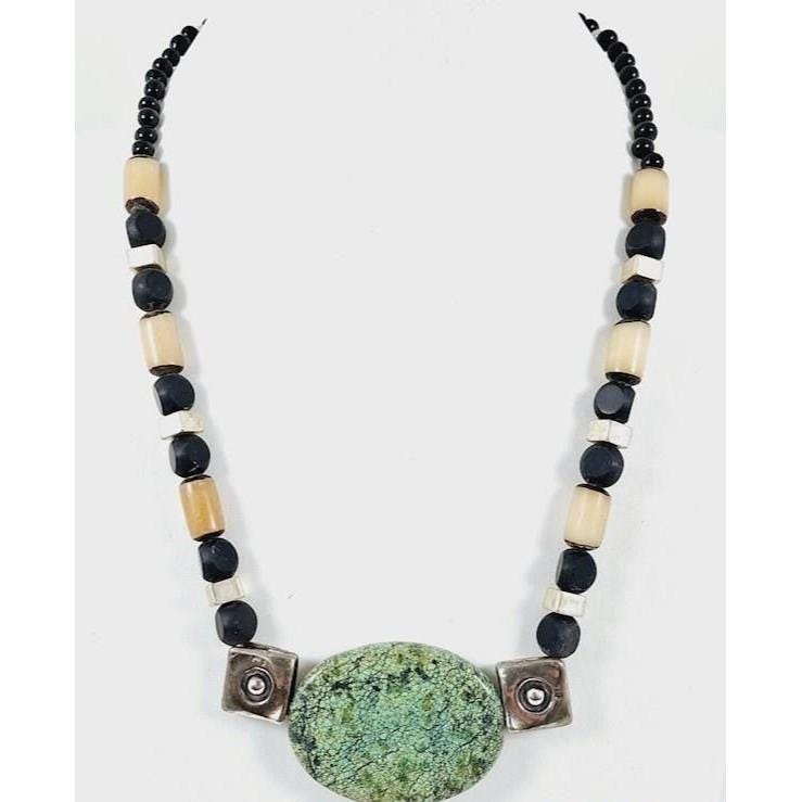 17.5" Sterling Silver/Turquoise Beaded Necklace | Carved Nut & Black Glass Beads | Boho Tribal Style