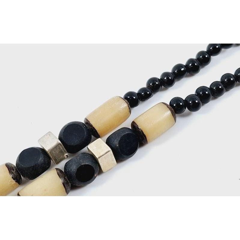17.5" Sterling Silver/Turquoise Beaded Necklace | Carved Nut & Black Glass Beads | Boho Tribal Style