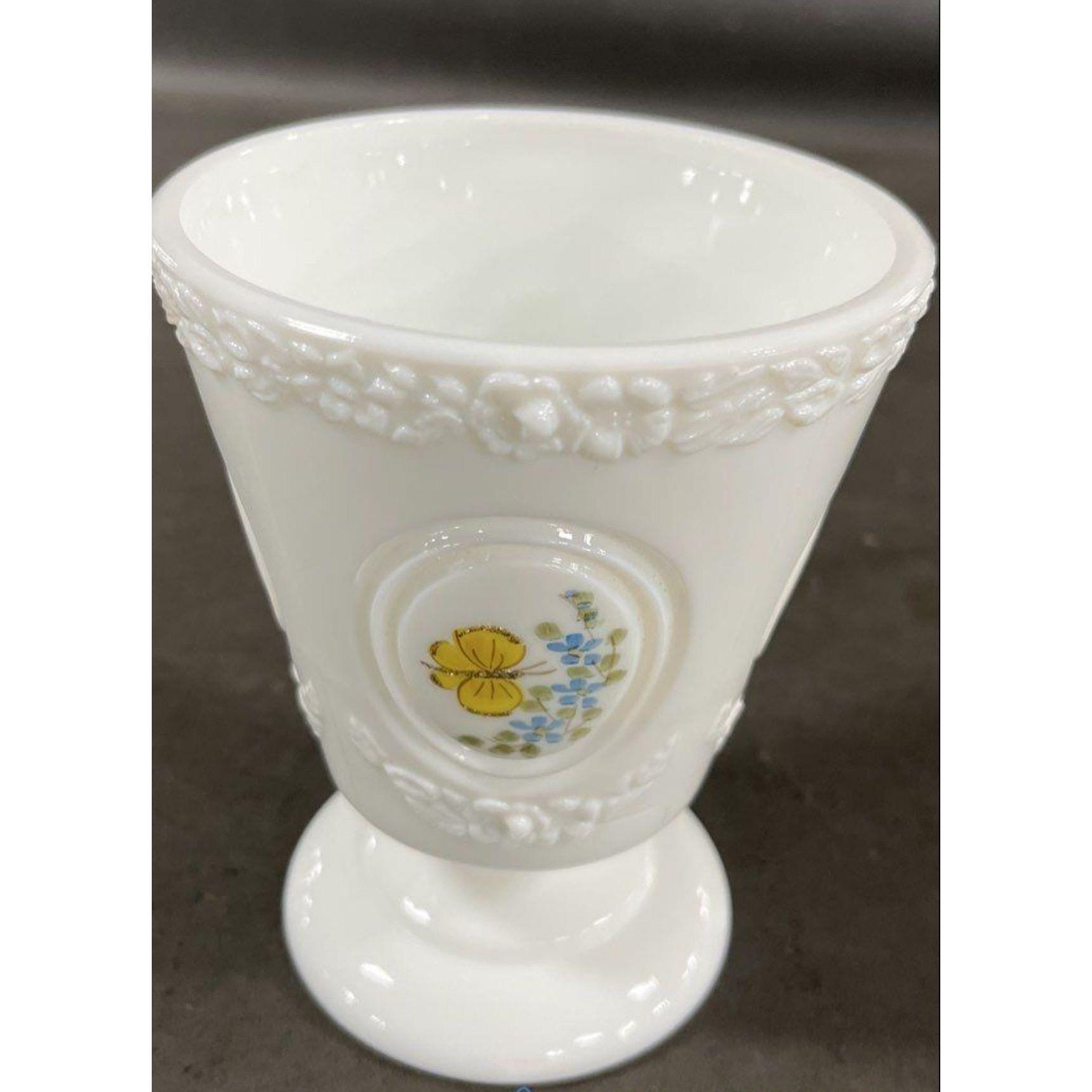 Anchor Hocking Milk Glass Compote Hand Painted Butterfly Signed Artist Vintage