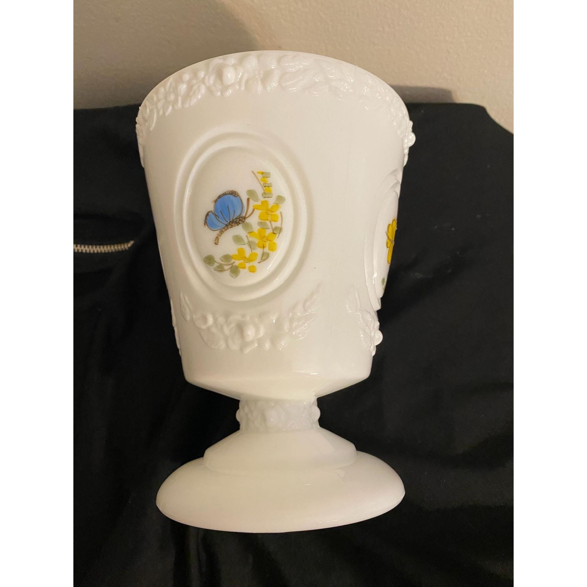 Anchor Hocking Milk Glass Compote Hand Painted Butterfly Signed Artist Vintage