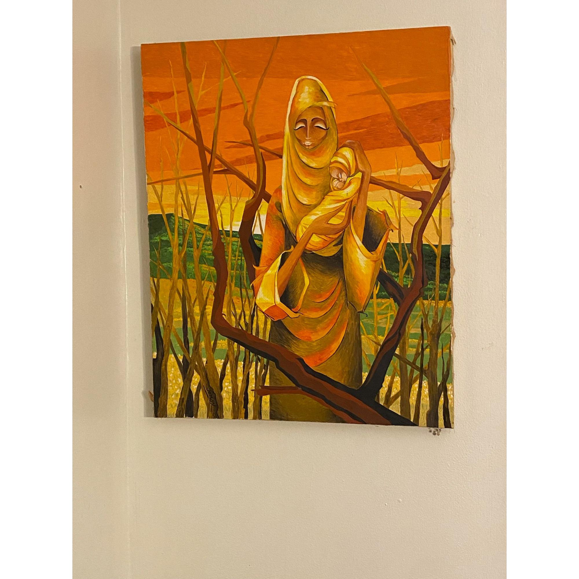 1971 "Mother Morning" Madonna & Child Painting by Rhoda Swaffer Earth Tones Tags