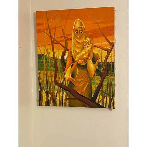 1971 "Mother Morning" Madonna & Child Painting by Rhoda Swaffer Earth Tones Tags