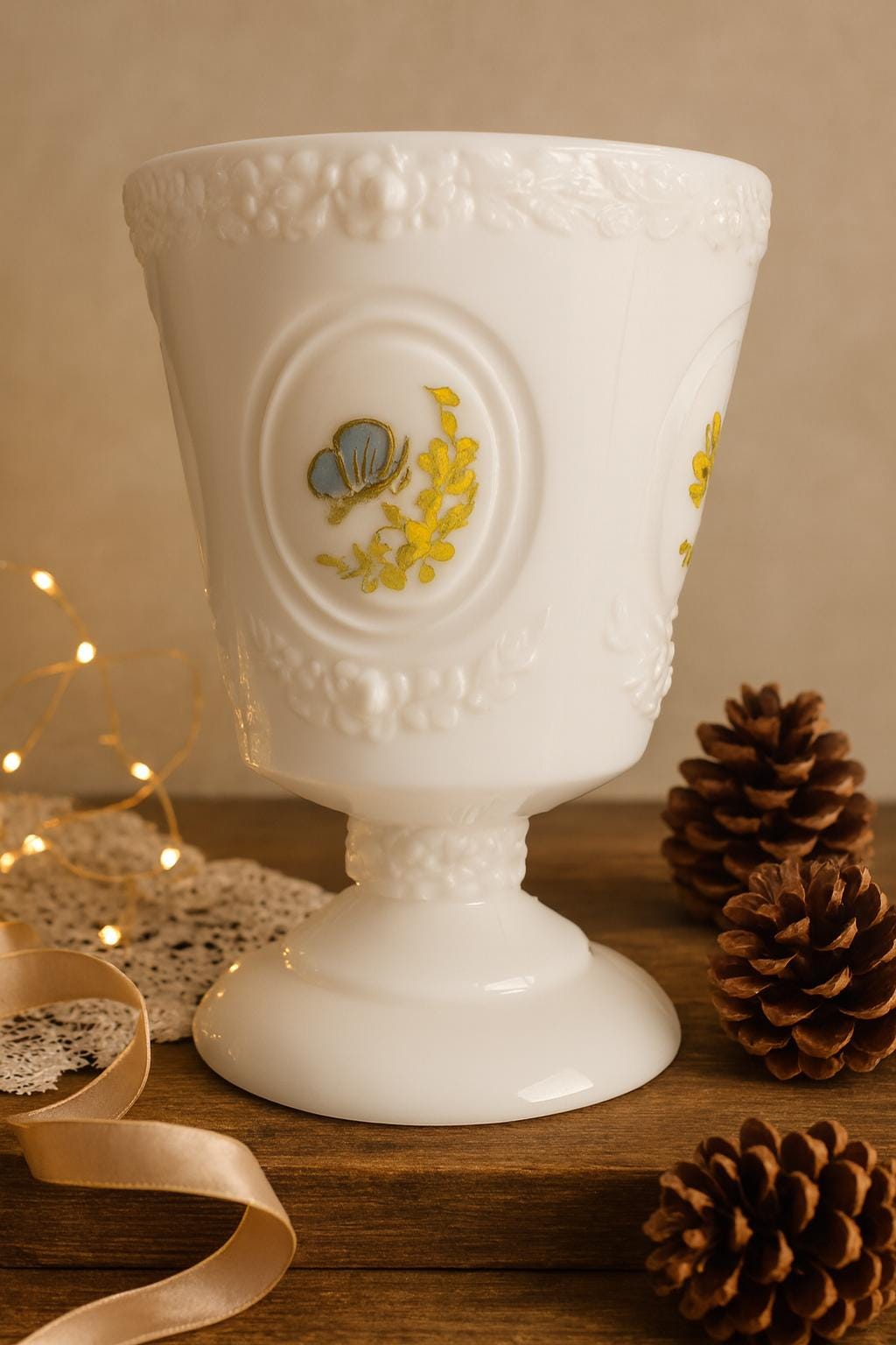 Anchor Hocking Milk Glass Compote Hand Painted Butterfly Signed Artist Vintage