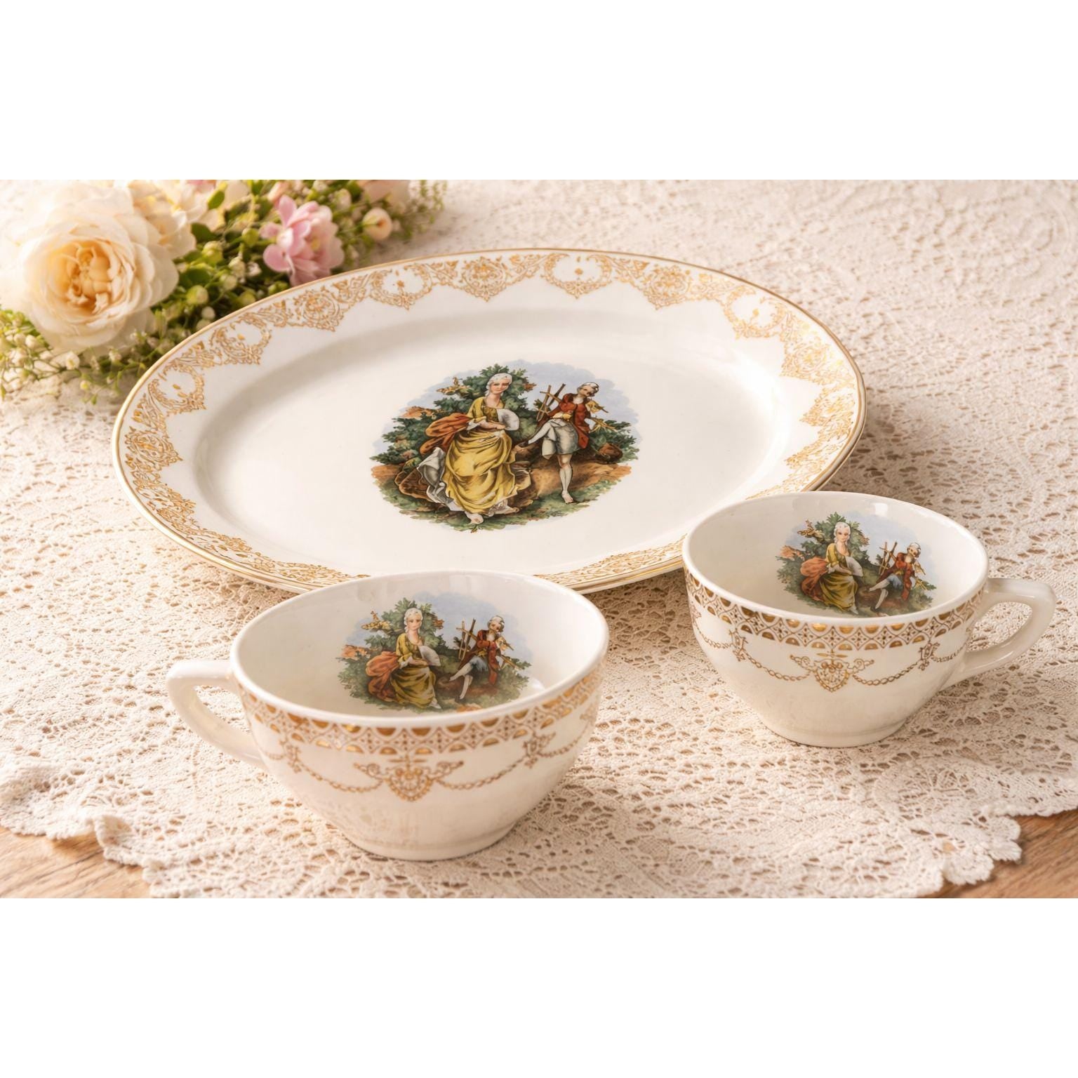 Stetson 22KT Gold Oval Platter + 2 Vintage USA Teacups Romantic Courting Scene