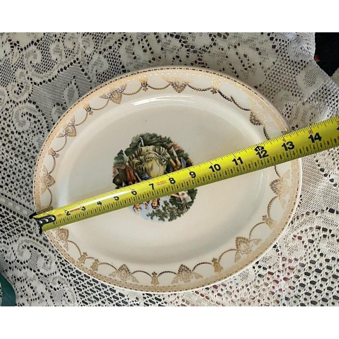 Stetson 22KT Gold Oval Platter + 2 Vintage USA Teacups Romantic Courting Scene