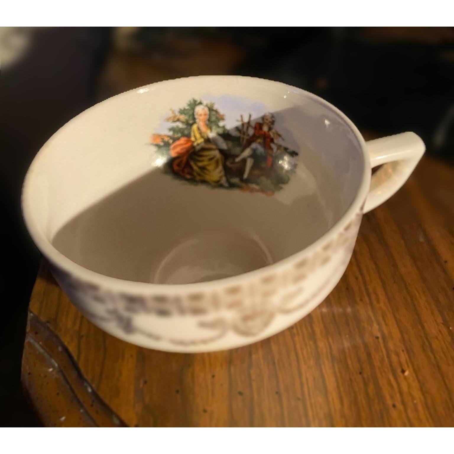 Stetson 22KT Gold Oval Platter + 2 Vintage USA Teacups Romantic Courting Scene