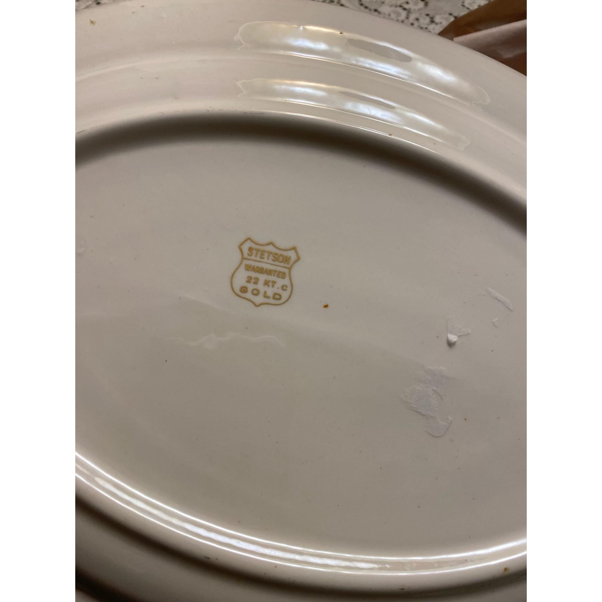 Stetson 22KT Gold Oval Platter + 2 Vintage USA Teacups Romantic Courting Scene