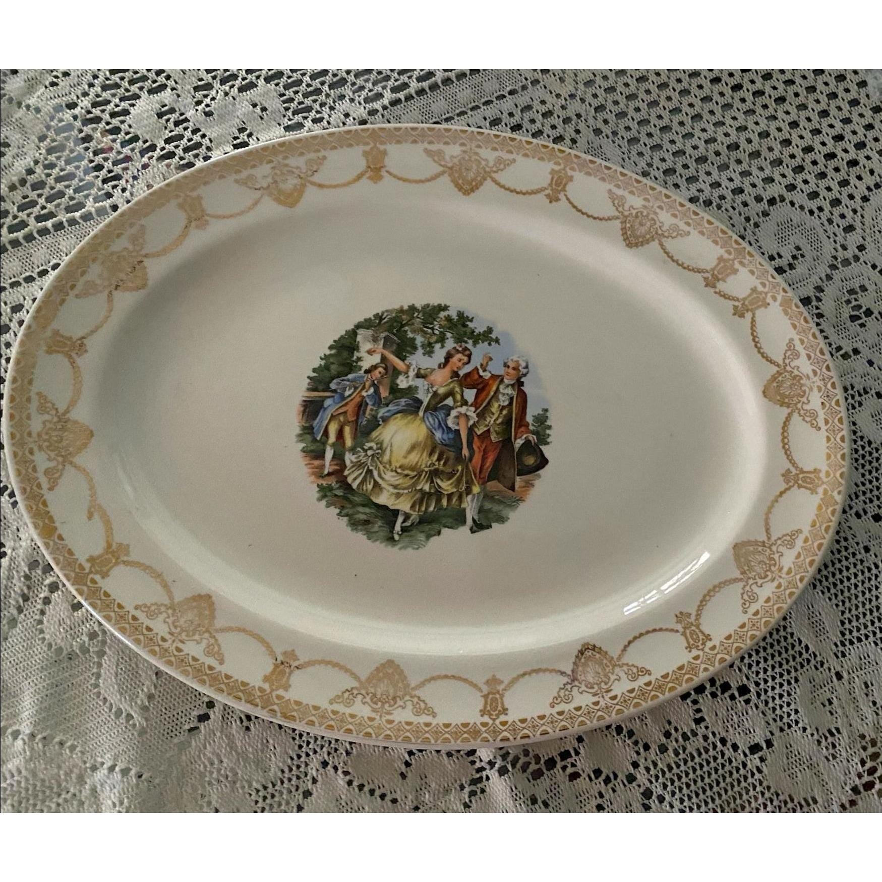 Stetson 22KT Gold Oval Platter + 2 Vintage USA Teacups Romantic Courting Scene