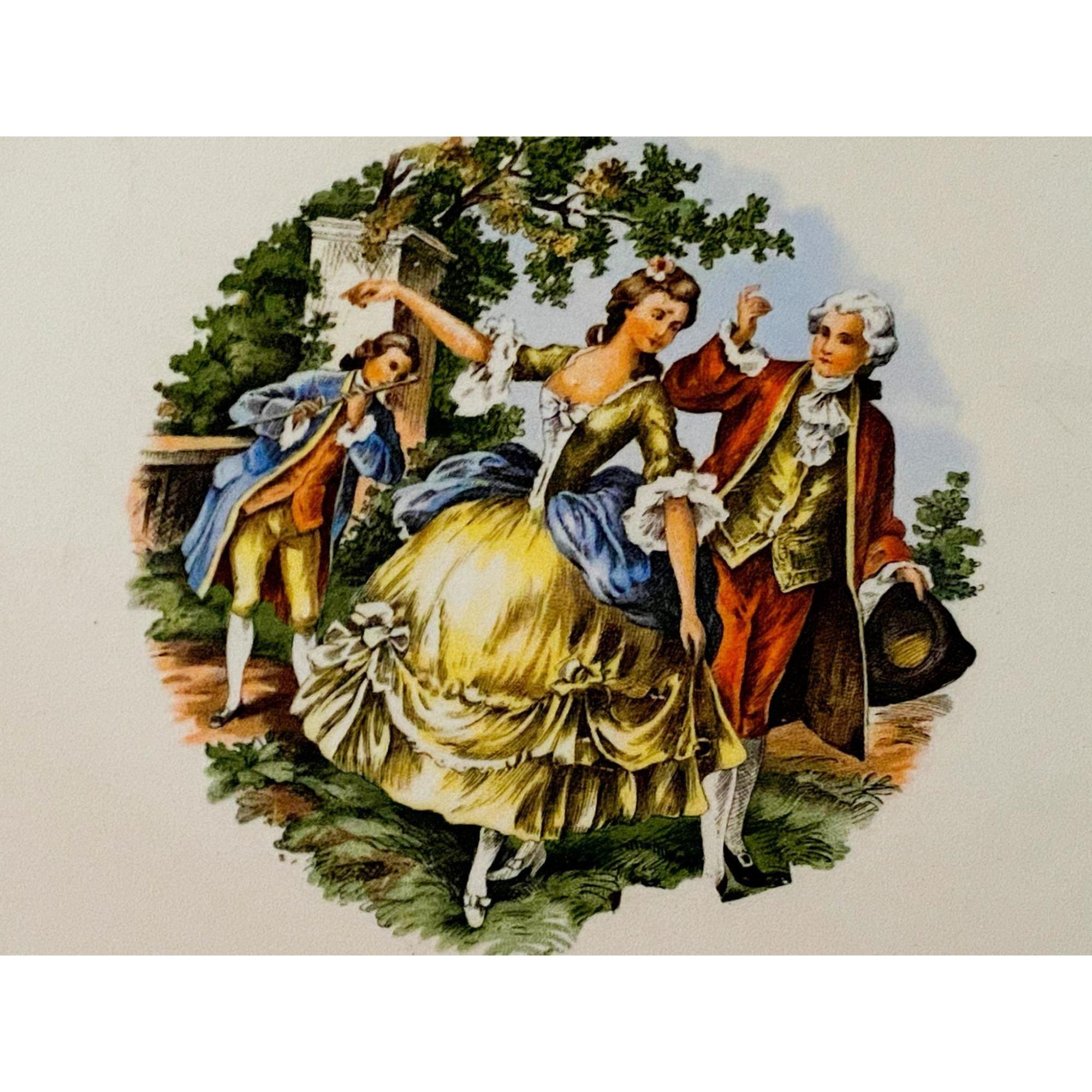 Stetson 22KT Gold Oval Platter + 2 Vintage USA Teacups Romantic Courting Scene