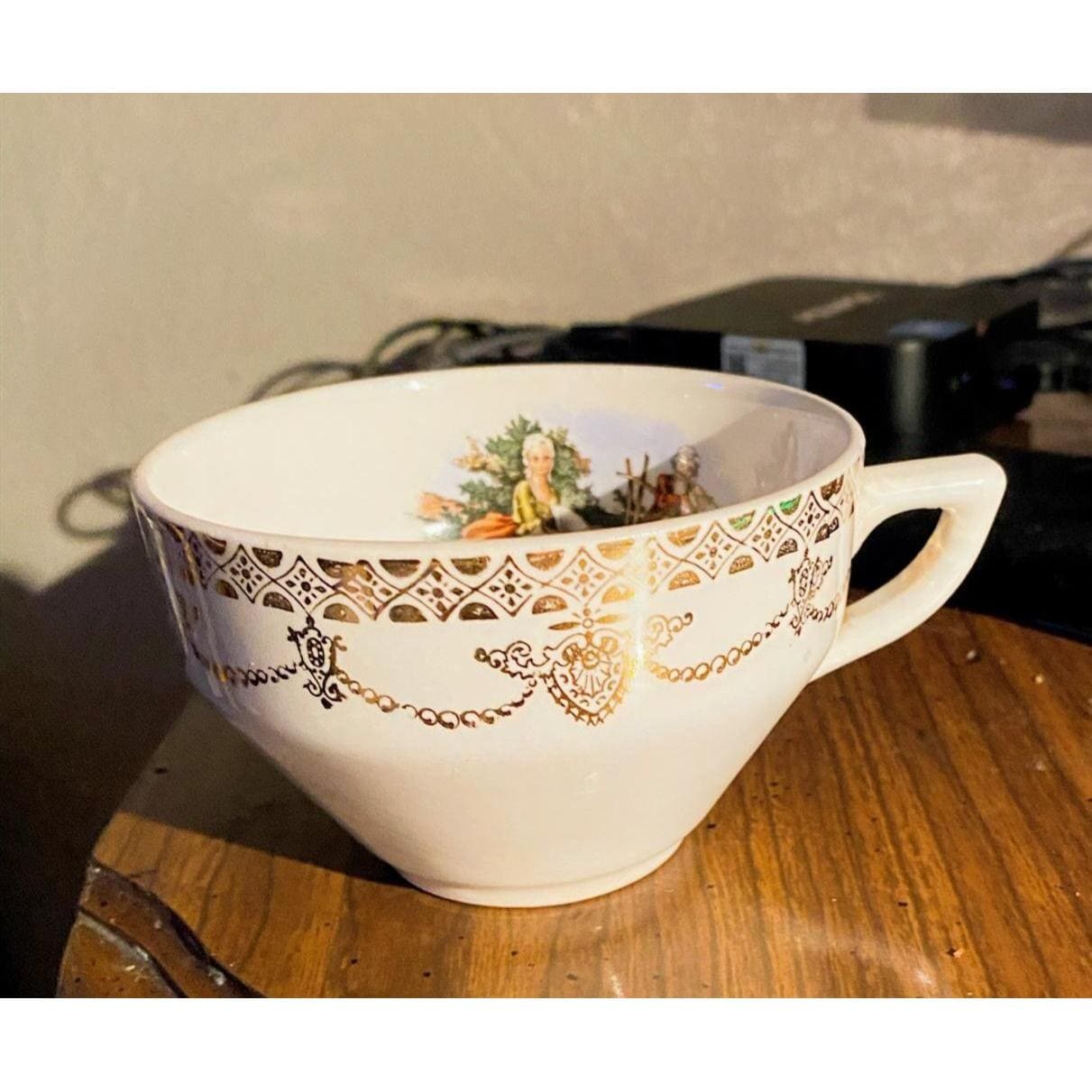 Stetson 22KT Gold Oval Platter + 2 Vintage USA Teacups Romantic Courting Scene