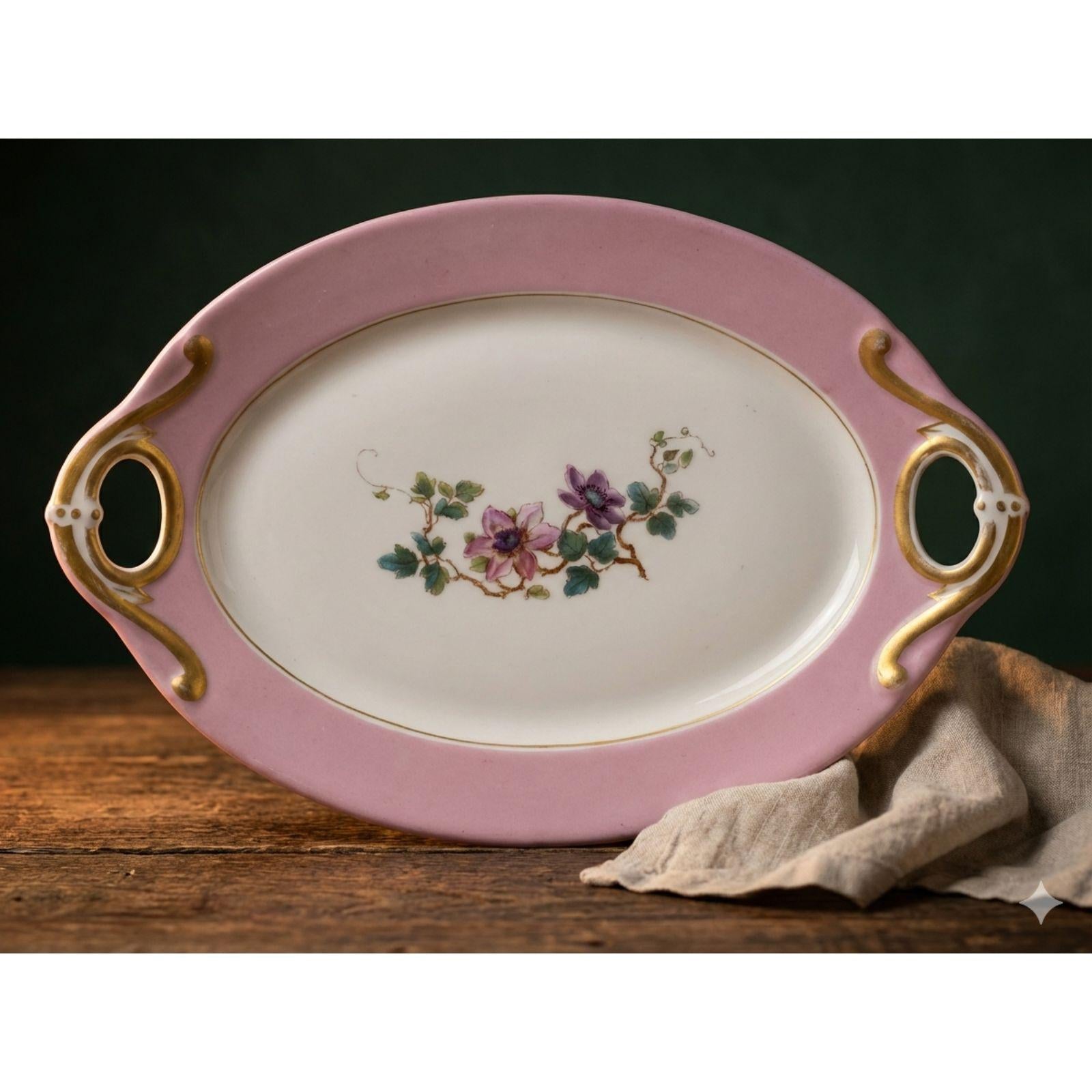 Antique Haviland Limoges Platter: Pink Border & Gold Handles