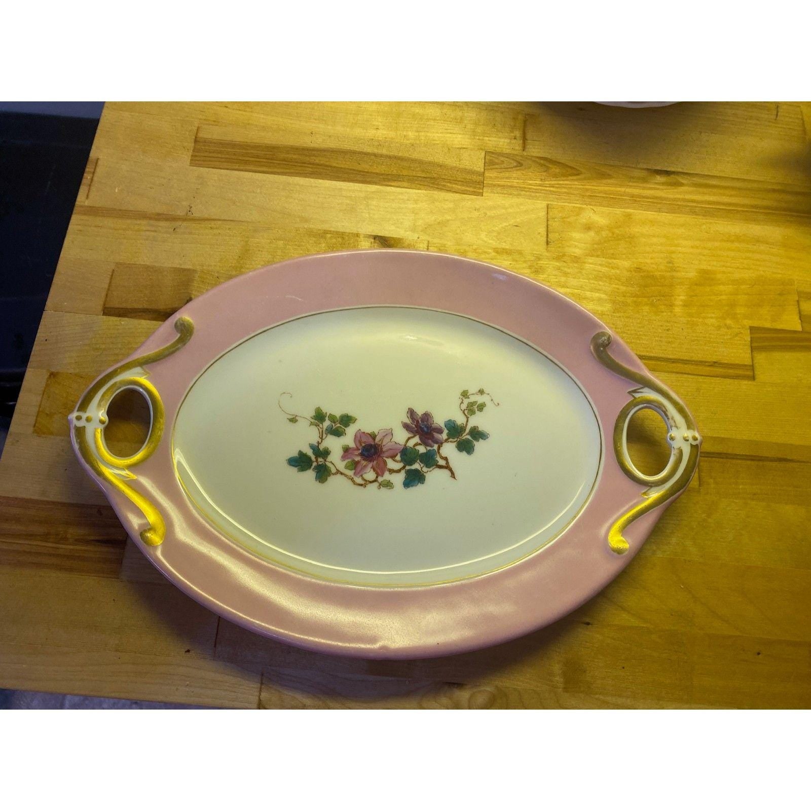 Antique Haviland Limoges Platter: Pink Border & Gold Handles