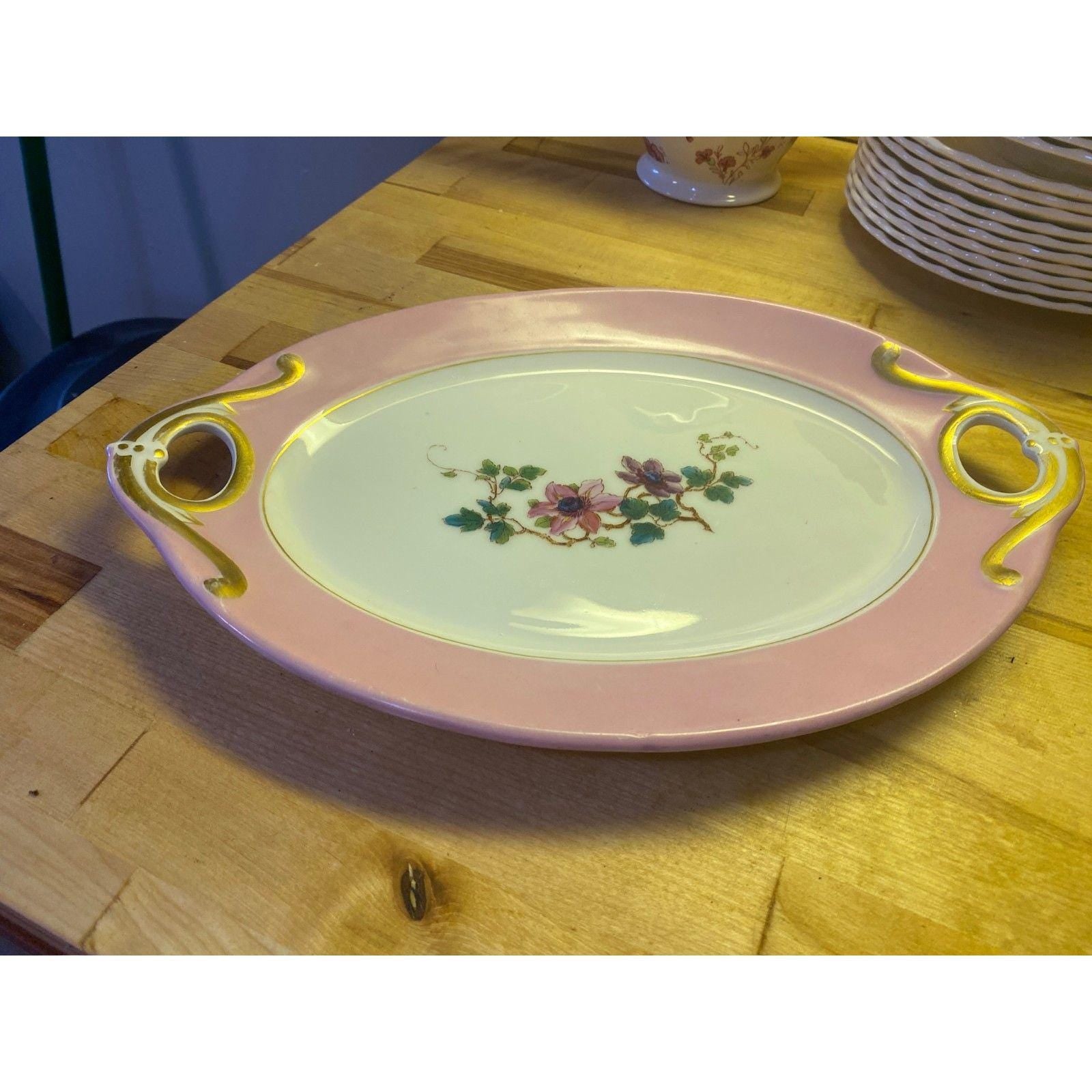 Antique Haviland Limoges Platter: Pink Border & Gold Handles