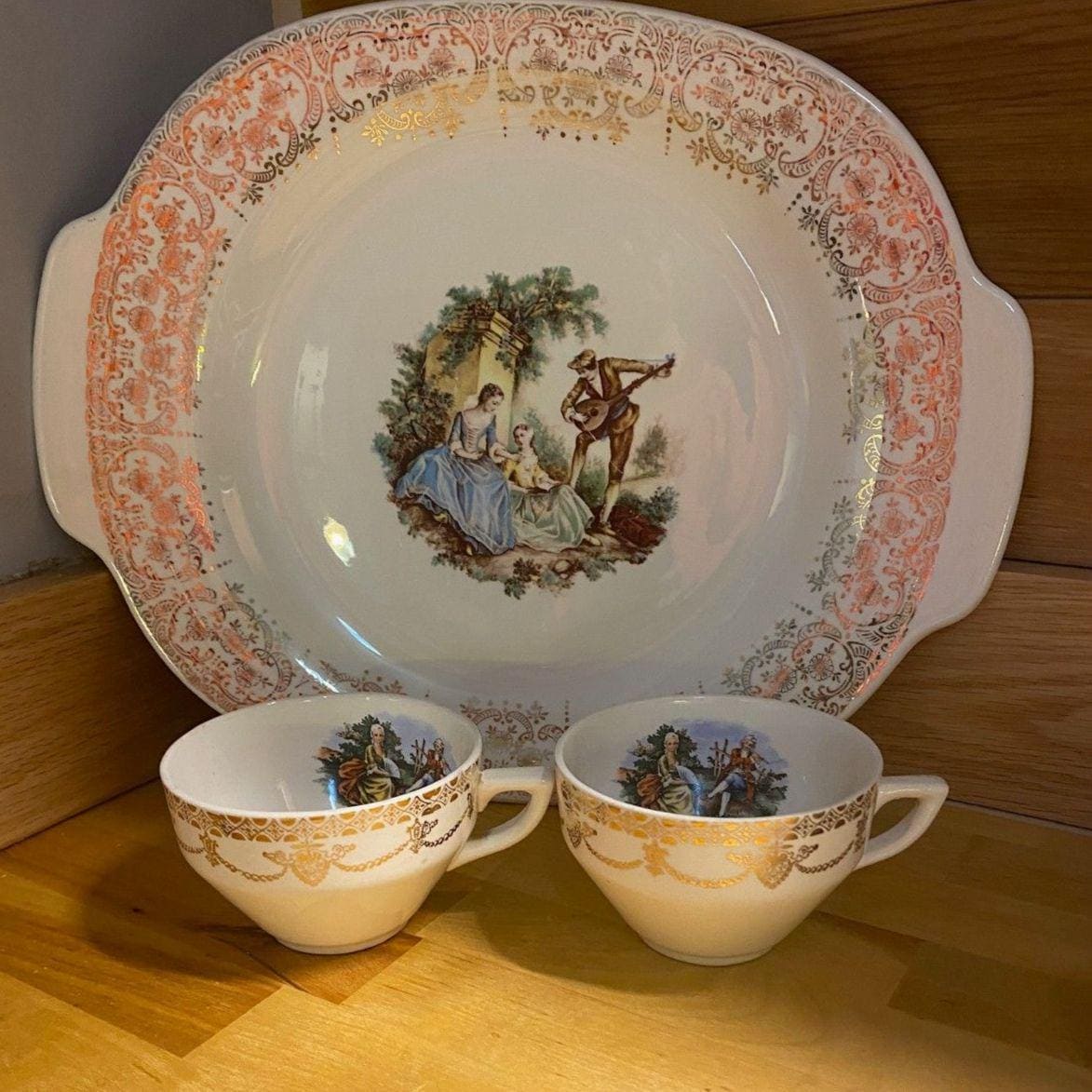American Limoges Triumph Platter & Cups Set China D'or 22k Gold Floral Service
